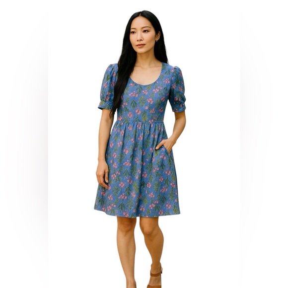 LOFT Blue Floral Puff Sleeve Dress – Size 0 - Picture 1 of 5